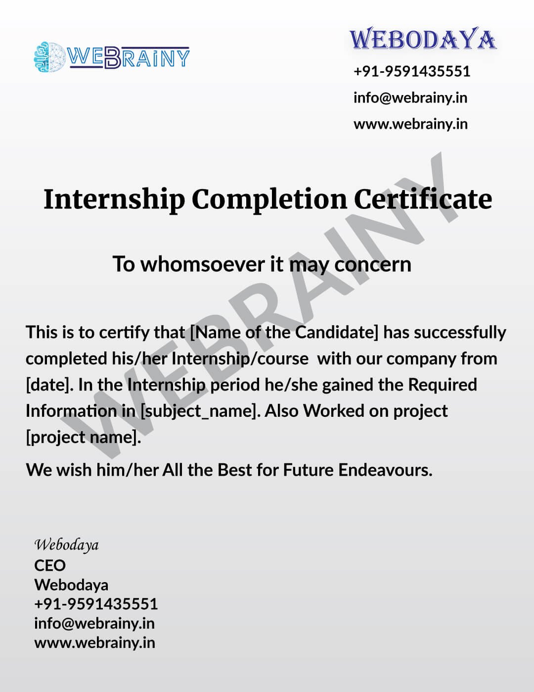 Internship Certificate Webodaya WeBrainy